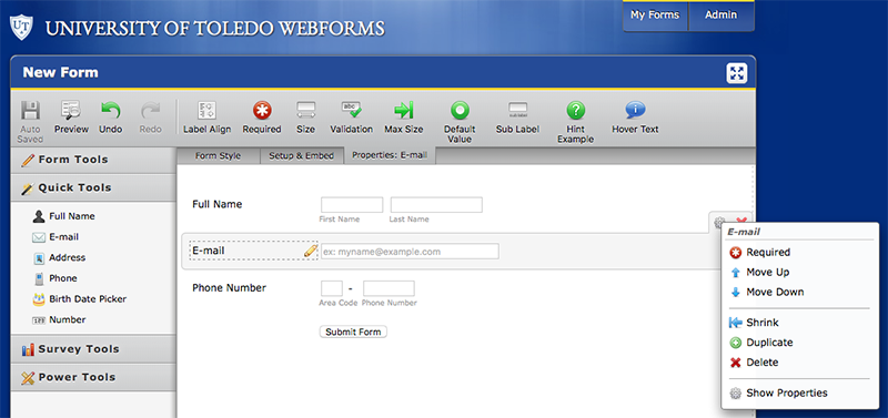Screenshot of webforms gear icon drop down menu options