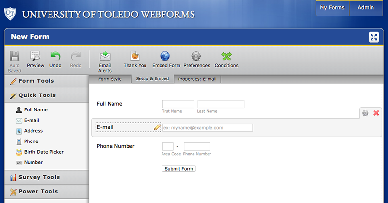 Screenshot of webforms setup and embed window