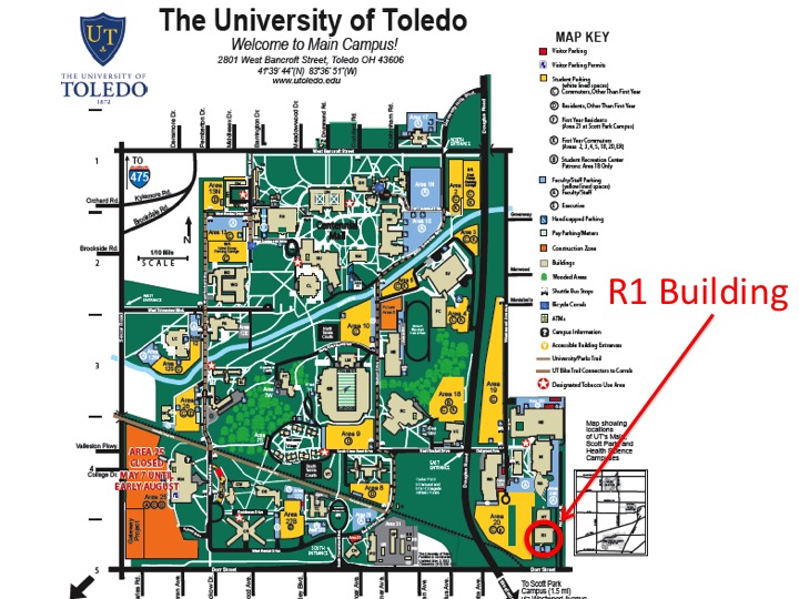 campus map, pointing out where the Wright Center is on the southeast corner of campus