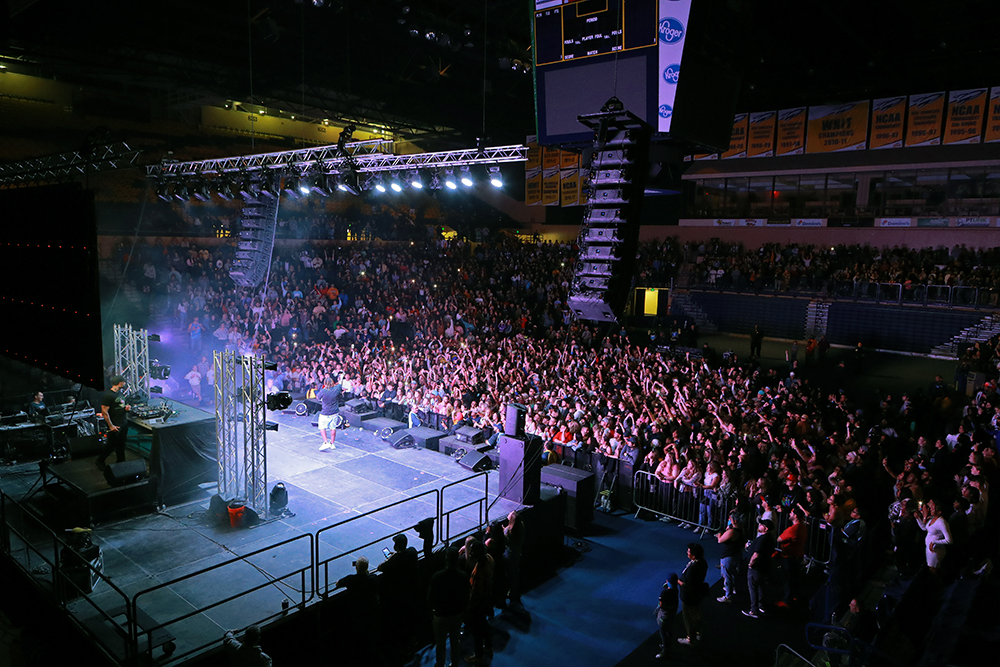 An overhead shot of the packed crowd in Savage Arena at the Founder's Day Concert