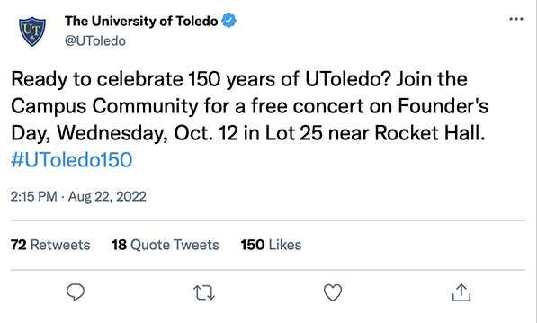 Screenshot of tweet using the hashtag #UToledo150