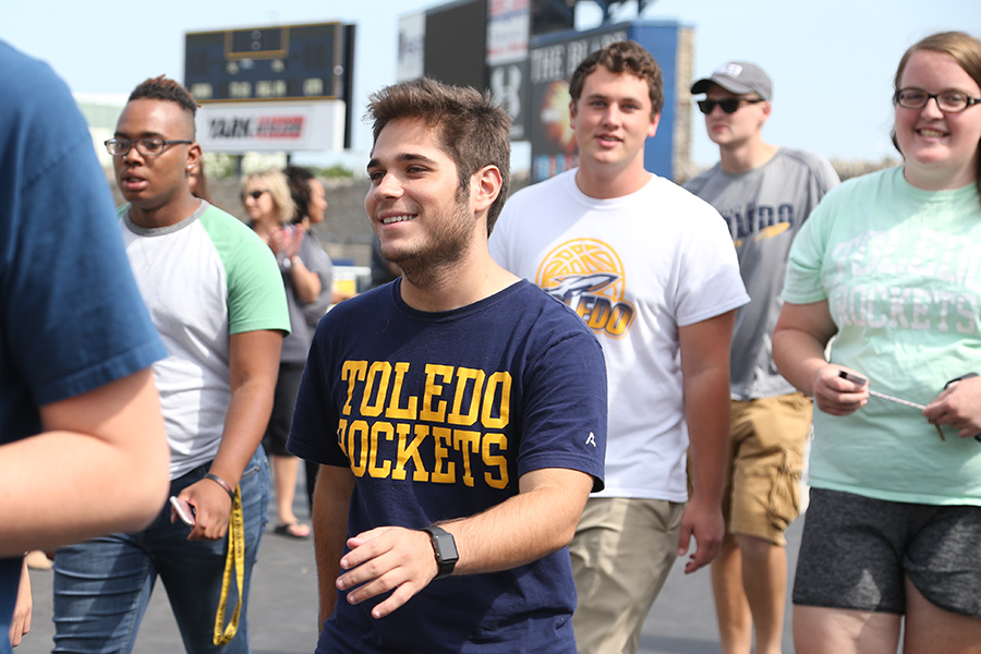 Students walking in the Glass Bowl 