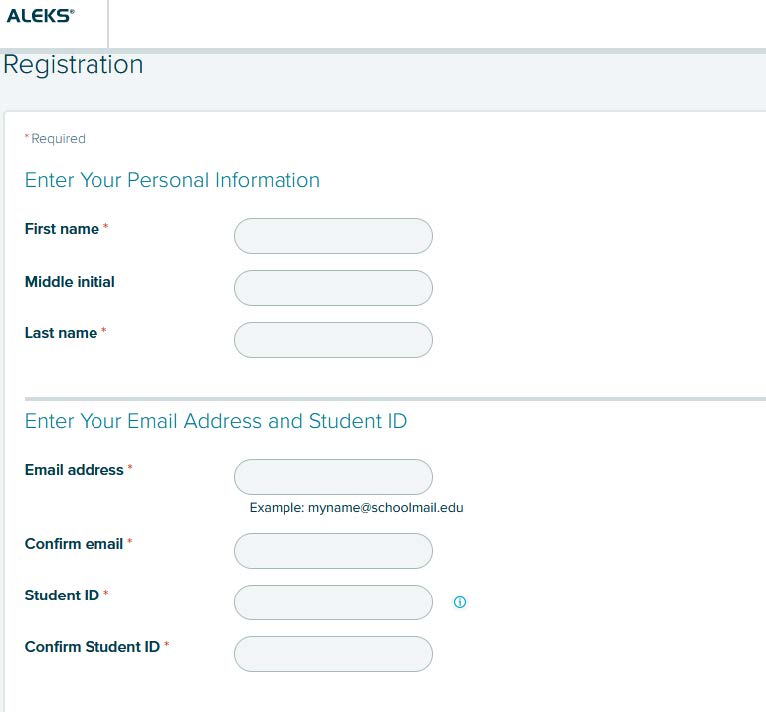 ALEKS website screenshot. Registration form. Includes Personal Information, Email Address and Student ID. Where it asks for Student ID, enter your date of birth.