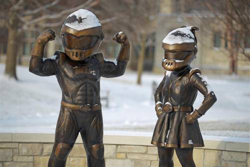 photo of mascot Rocky and Rocksy statues with snow in the background