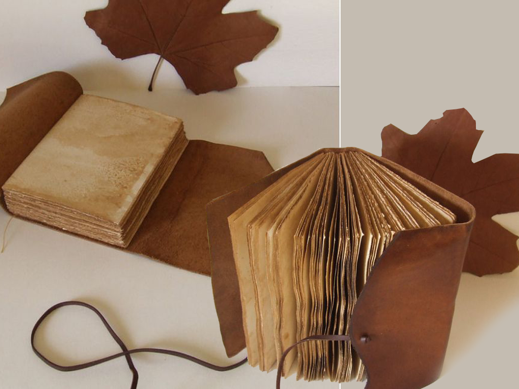 Photo of hand bound books and leaves