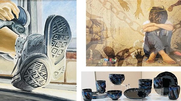 artwork from the 2022 Focus Show closeup drawing of the feet of a person wearing tennis shoes, pottery, images of a young boy with head down and arms and legs crossed as various hands reach out to him 