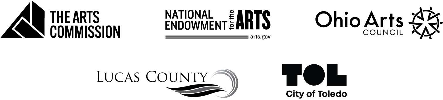 Logos of local ARPA partner organizations: The Arts Commission, Lucas County Commissioners and City of Toledo with additional support from the National Endowment for the Arts and Ohio Arts Council