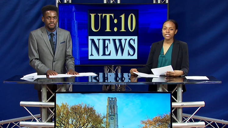 Student anchors on the set of UT10 News
