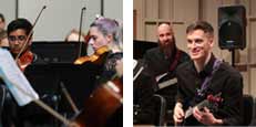 Photo of UToledo students playing violins and another photo a student playing a guitar