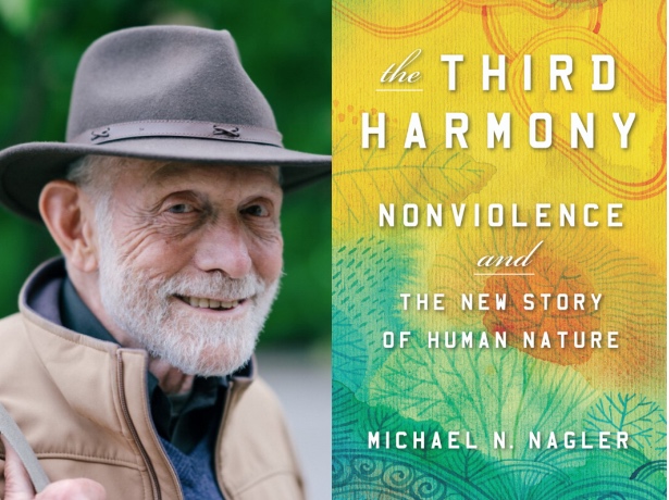 Photo of writer and peace activist Michael N. Nagler and his film The Third Harmony