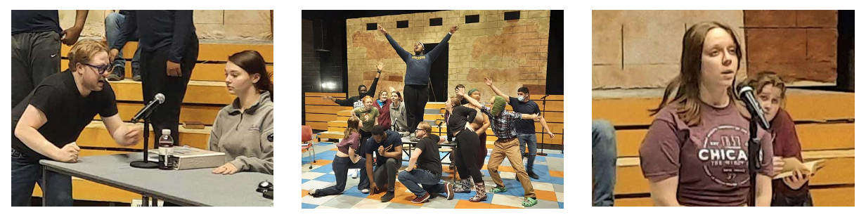 Collection of 3 photos from rehearsals of The 25th Annual Putnam County Spelling Bee" showing students dancing, a speller arguing with the judges and a speller at the microphone