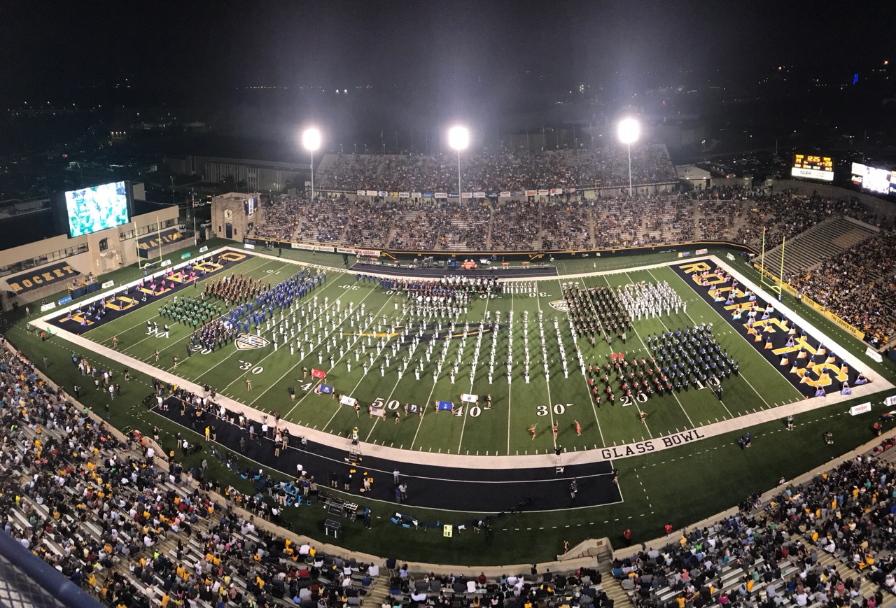 marching bands on a football field