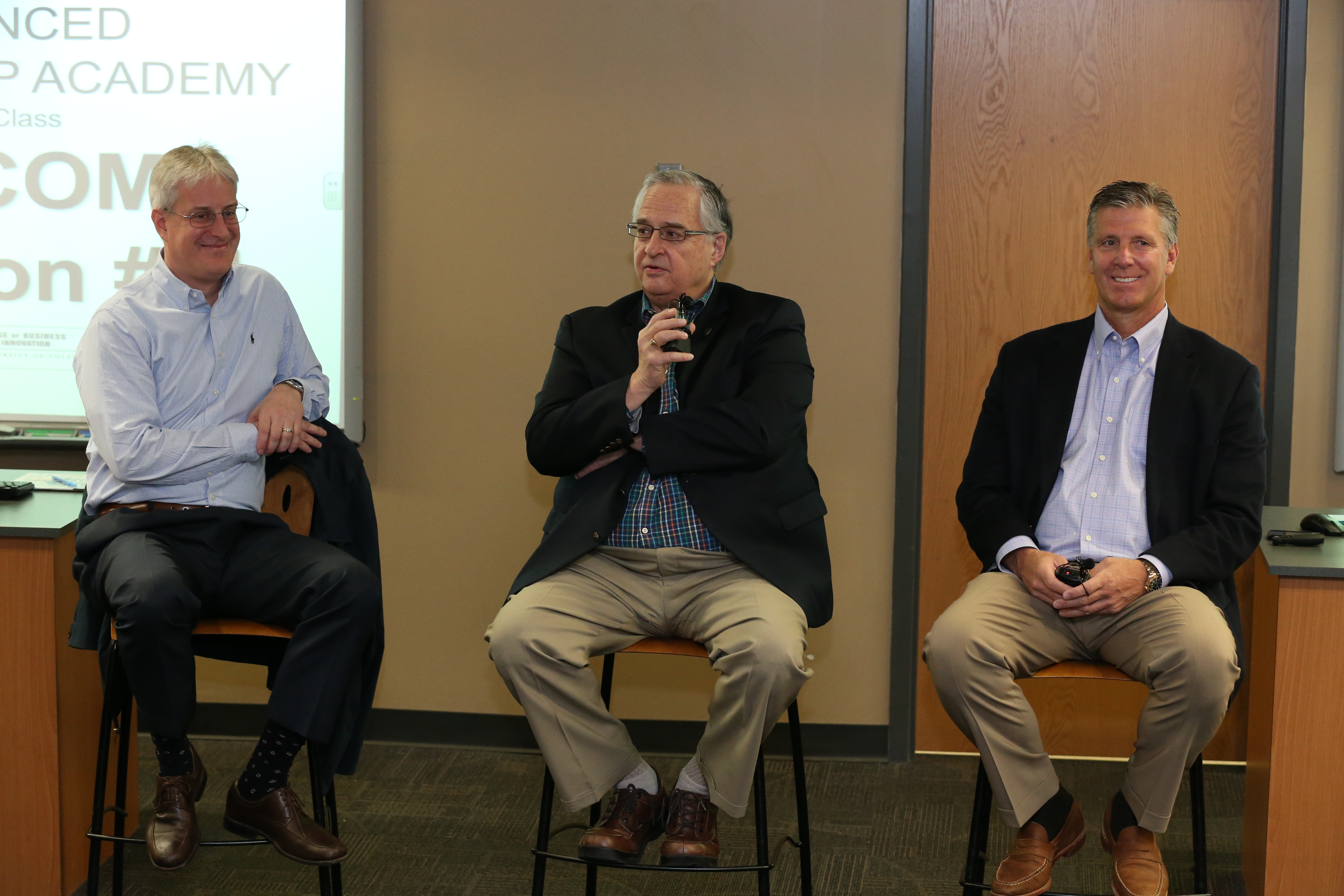 Community leaders participating in a panel discussion on the last class were, left to right, Steven M. Cavanaugh, Executive Vice President and Chief Operating Officer, HCR ManorCare, Inc.; Joseph H. Zerbey, IV, President and General Manager for The Blade and Chairman of The University of Toledo Board of Trustees; and Michael Miller, CEO, Waterford Bank Ltd.