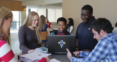 Students at the Business atrium hall