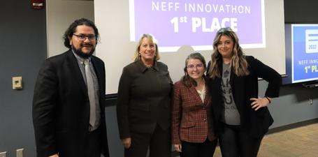 Allison McDaniel, winner of the 2022 Neff Innovathon, poses with competition director, Marcelo Alvarado-Vargas and Dean Anne Balazs.