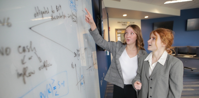 Students analyzing data in the John B. and Lillian E. Neff College of Business and Innovation.