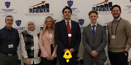 Brendyn Pyles, fourth from left, a junior double majoring in professional sales and finance, was the Junior Division Gold Bracket Champion at last week’s eighth annual UToledo Invitational Sales Competition hosted by the Edward H. Schmidt School of Professional Sales.