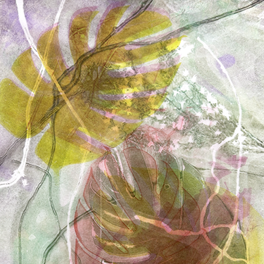 Artwork of colorful plant leaves made using the gel printing technique