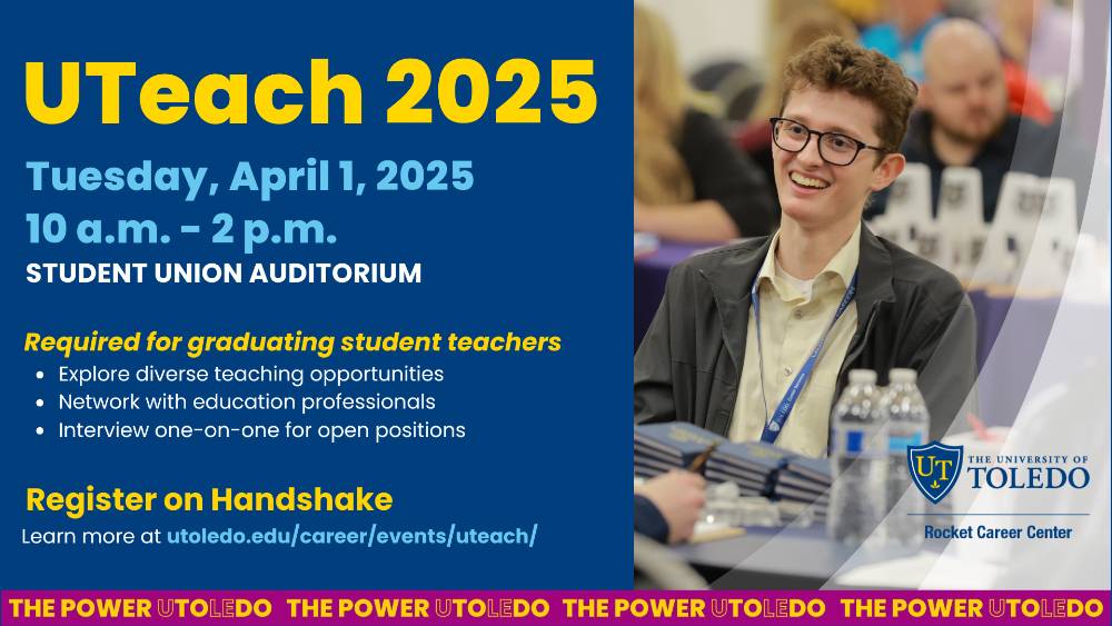 Uteach promo - event information and photo of student interviewing with employer 