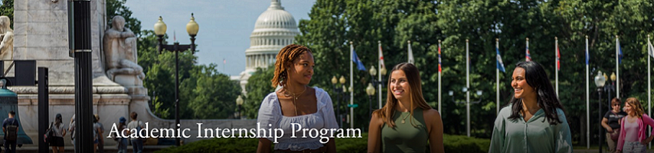 image of three female students walking in Washington DC on a bright sunny day. You can see government landmarks in the background. 