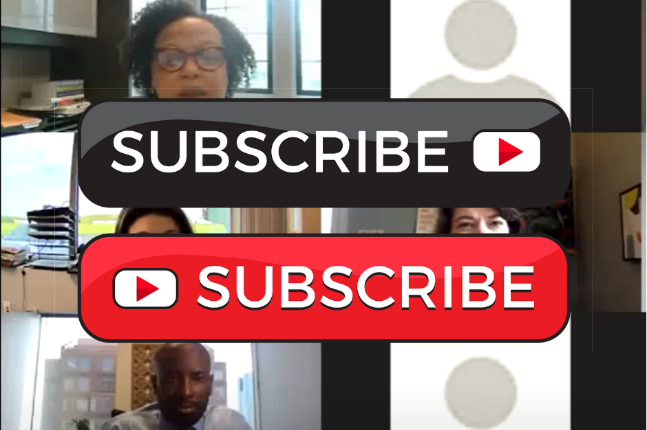 Zoom meeting with multiple particpates with subscribe buttons written in black and red