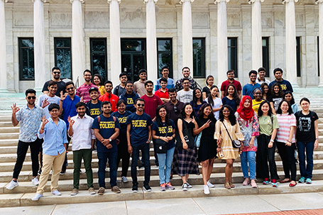 students on art museum stairs