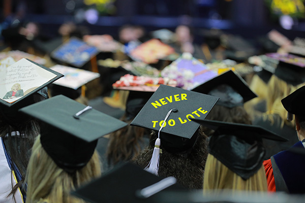 Commencement Cap with wording "Never too Late"