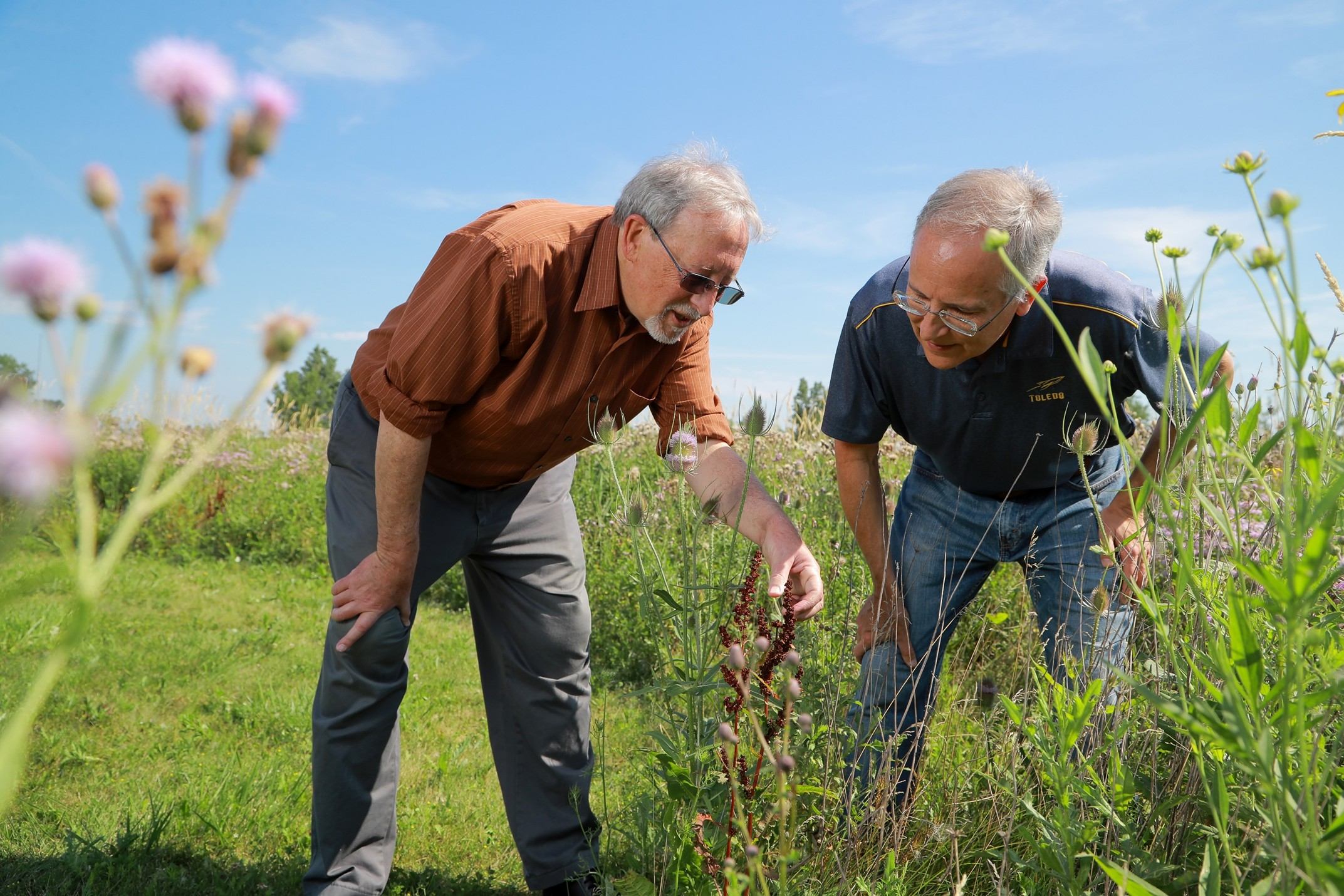 Environmental Portrait of Daryl Dwyer and Kevin Czajkowski Dr. Kevin Czajkowski, Distinguished University Professor in the Department of Geography and Planning, and Dr. Daryl Dwyer, associate professor of ecology in the Department of Environmental Sciences, are involved in efforts to prevent harmful algal blooms through the strategic installation of wetlands, riparian restoration and nutrient interceptors.
