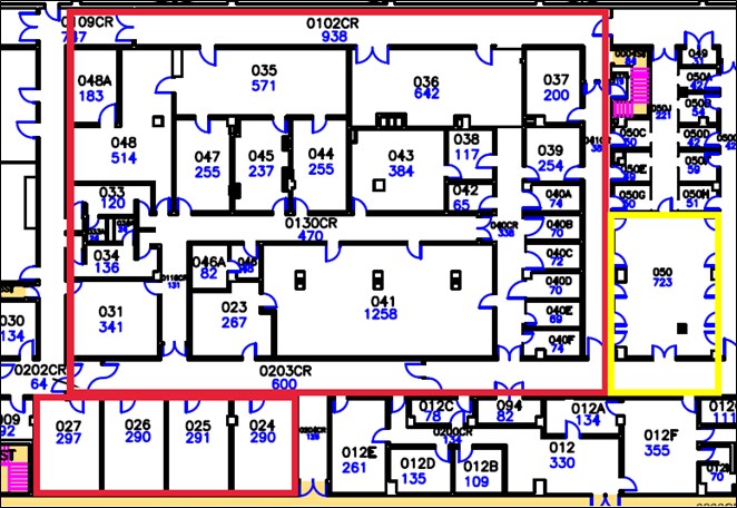 Image of the health ed guilding floorplan with red and yellow zones for roofing project outlined