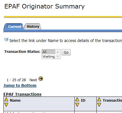 EPAF Originator Summary Transaction Current Tab