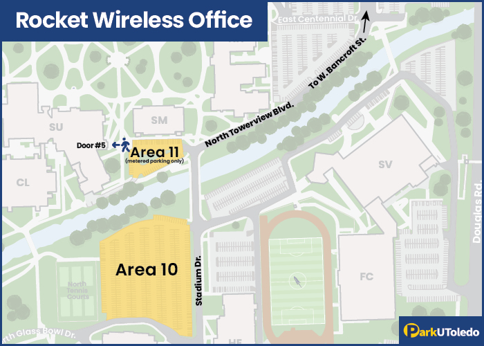 map showing the parking areas and the door people should use to find the rocket wireless office