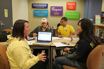 Students around a table talking