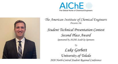 Luke Gorbett and 2nd place certificate from AIChE