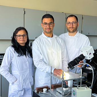 Moath Khriwish in center. On left is Dr. Anju Gupta, assistant professor in UToledo’s Department of Mechanical Engineering. On the right is Alireza Rozati, PhD student. This is in the Interfacial Thermal and Transport lab (ITTL). 