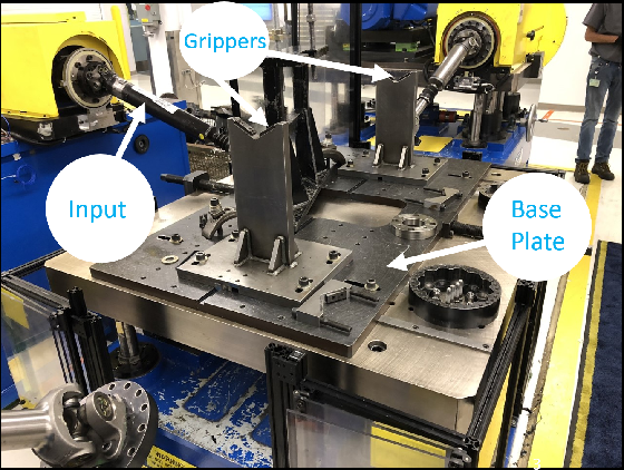 image of test fixture pointing out grippers, input, and test plate