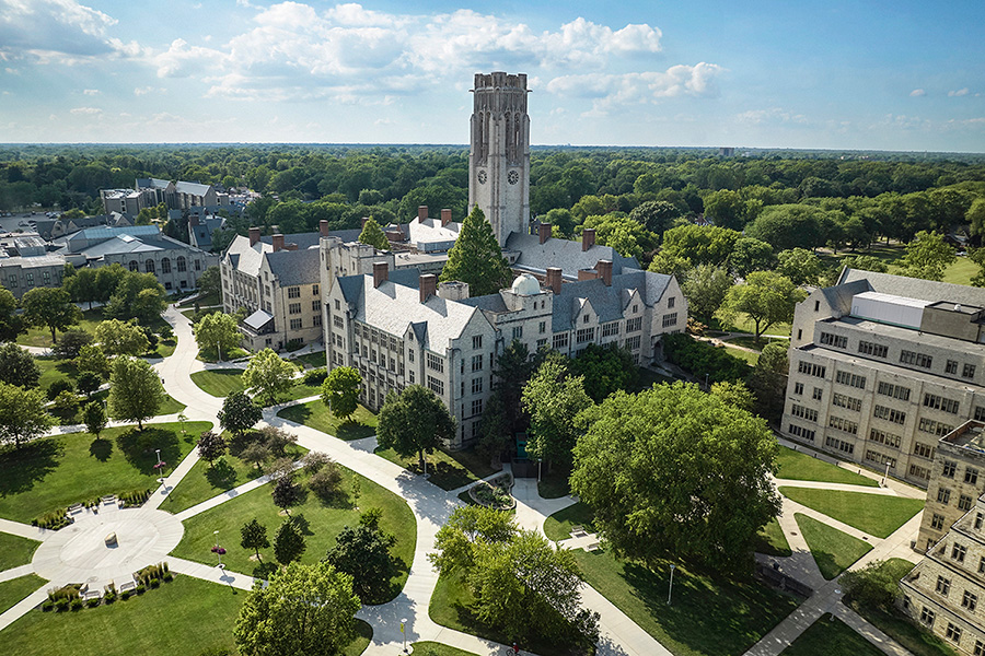 aerial shot of centennial mall and university hall on utoledo campus