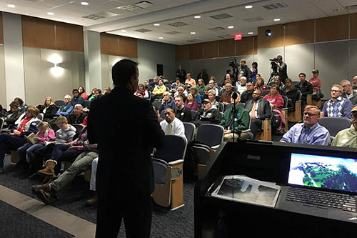 Presentation about the campus master plan to faculty and staff in a classroom