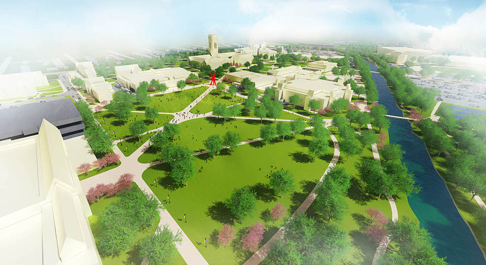 A view of a new signature open space south of Memorial Field House, looking from the Center for Performing Arts toward University Hall.