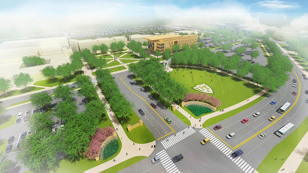 A view of a new research building and engineering quadrangle.