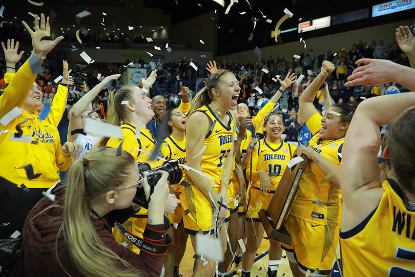 UToledo's women's basketball team celebrating a victory