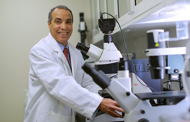 Youssef Sari, Ph.D., stationed by a microscope.