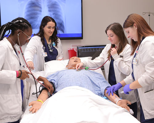 Students learning at the Sim Center