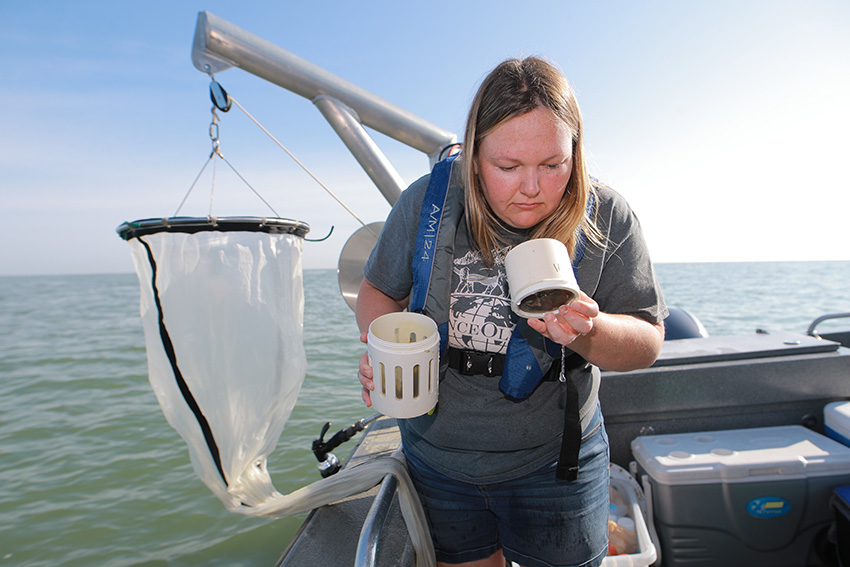 A woman on a boat in Lake Erie examining some water samples.