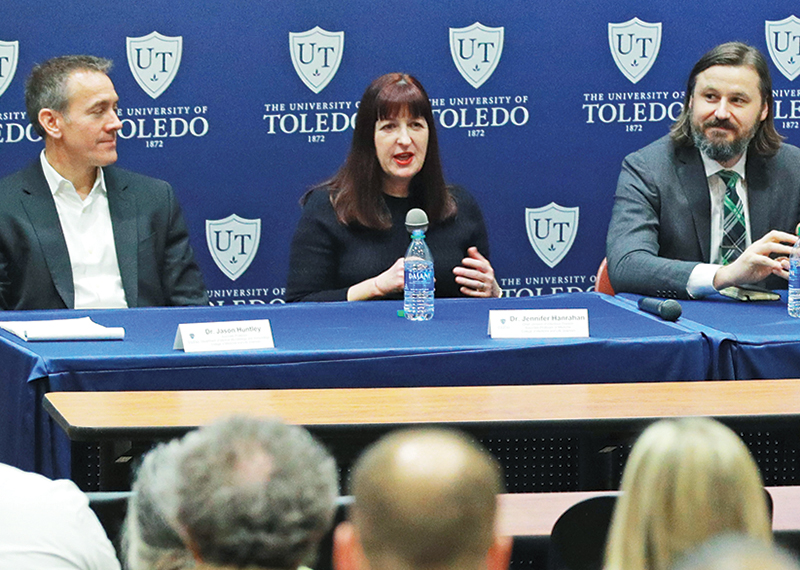 Photo Jennifer Hanrahan, D.O. speaking at the a press conference