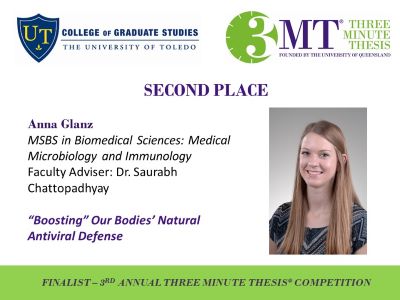 Photo of Anna Glanz, UToledo and 3MT logos, image of the presentation slide, bio