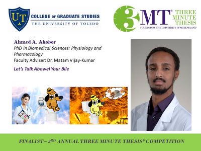 Photo of Ahmed Akobor, UToledo and 3MT logos, image of the presentation slide, bio