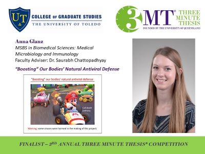 Photo of Anna Glanz, UToledo and 3MT logos, image of the presentation slide, bio