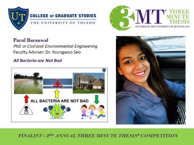 Photo of Parul Baranwal, UToledo and 3MT logos, presentation slide, bio