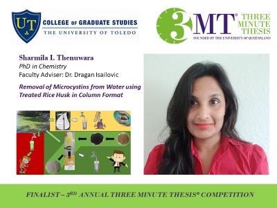 Photo of Sharmila Thenuwara, UToledo and 3MT logos, image of the presentation slide, bio