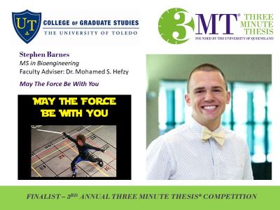 Photo of Stephen Barnes, UToledo and 3MT logos, image of the presentation slide, bio